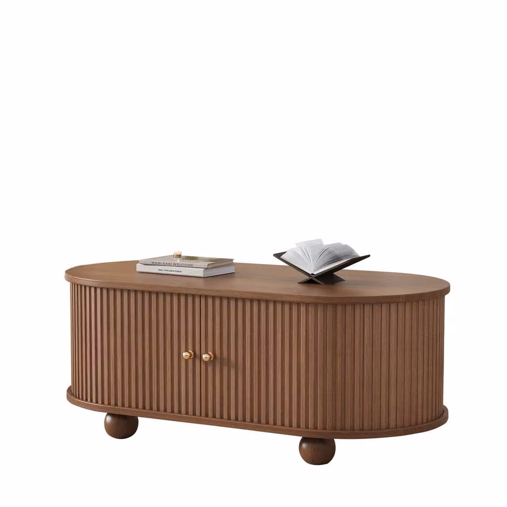 Rolipo Dark Oak Oval Coffee Table with Sliding Doors and Hidden Storage in Brown, W/D/H: 100 x 50 x 40 cm – 7