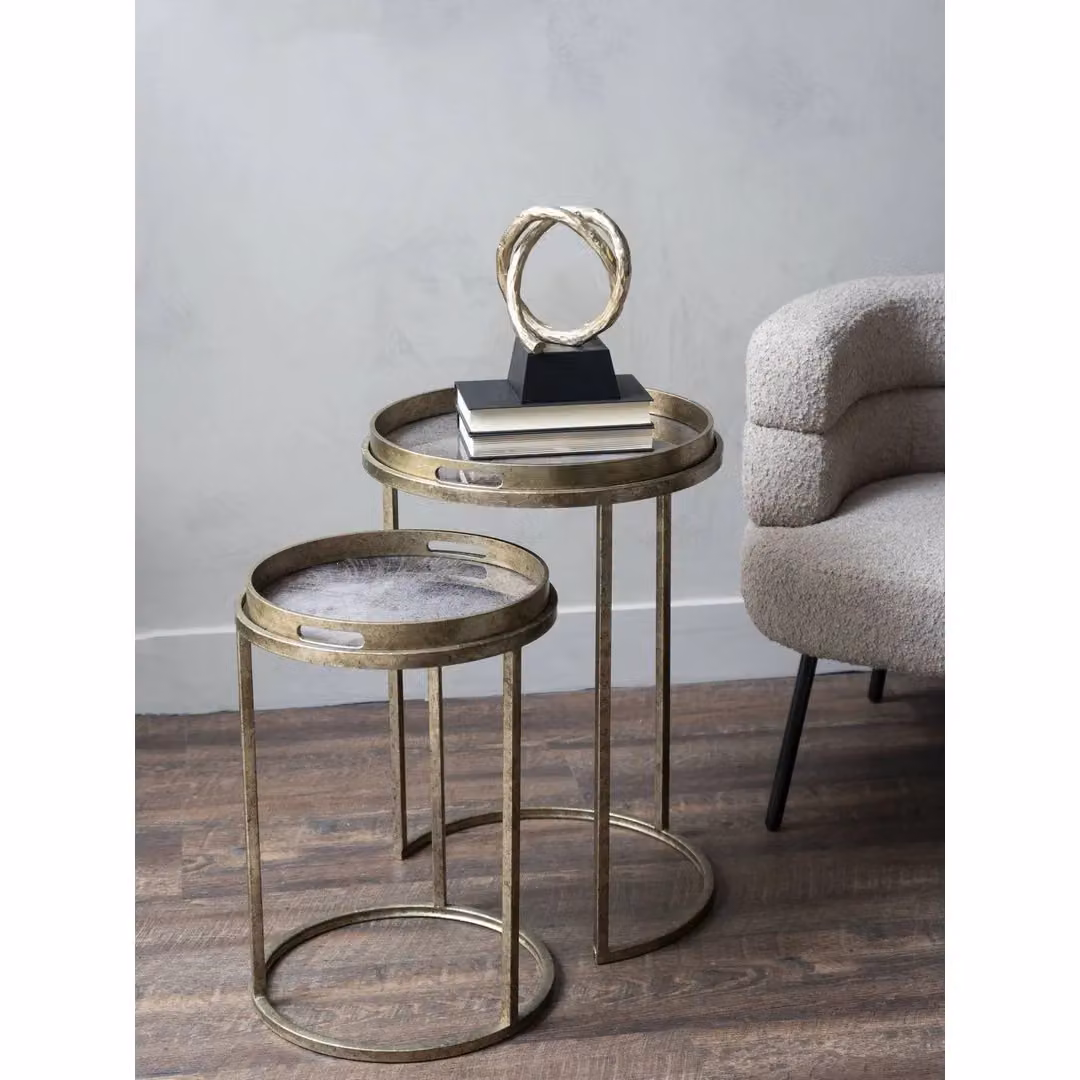 Libra Interiors Vienna Atlas Set of 2 Antique Gold Round Side Tray Tables with Glass Tops – 3