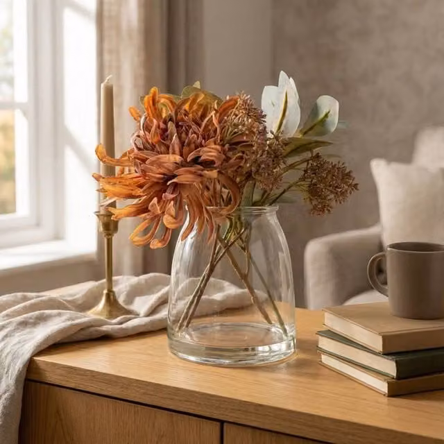 Madison & Mayfair Chrysanthemum Autumnal Floral Arrangement in an Orange Glass Vase, Height: 26 cm – 1