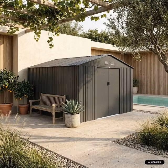 Sweek 12.99 m2 Metal Garden Shed in Dark Grey Anthracite with Sliding Doors and Gable Roof – 1