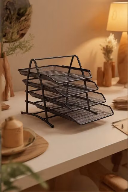 Living and Home 4-tier Detachable Metal Mesh A4 File Holder and Desk Organiser in Black – 1