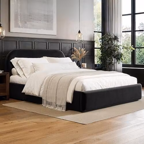 Flair Furnishings Alba Ottoman Bed, King Size Upholstered Bed Frame with Storage and Curved Headboard, Black Velvet, W/D/H: 180 x 200 x 165 cm – 1