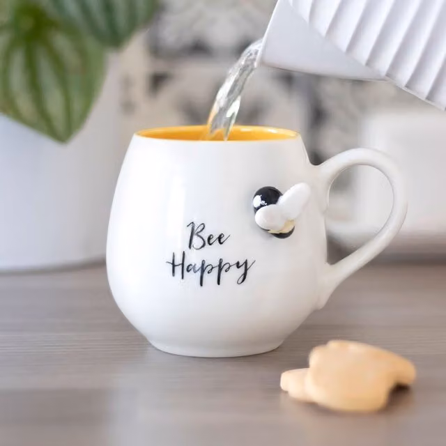 Gloriously Good 3D Bee Happy Rounded Mug, White and Yellow, 350 ml