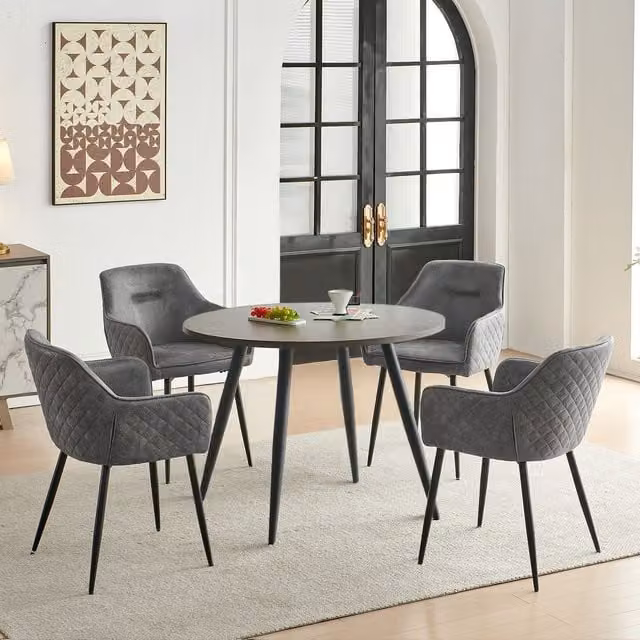 SONARA Dark Walnut Round Wood Dining Table with 4 Grey Faux Suede Dining Chairs Set – 1