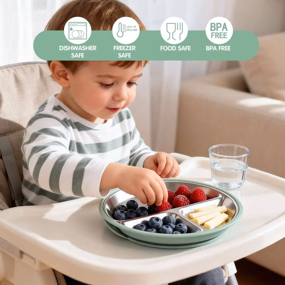 Greentainer 3-Piece BPA-Free Stainless Steel and Silicone Divided Plate Set with Suction Base, Green – 2