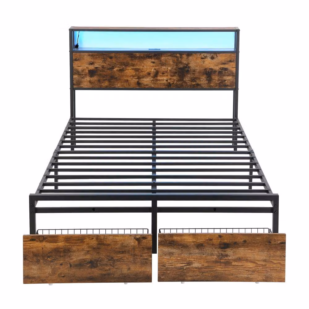 ModernLuxe Metal Double Bed in Walnut with LED Strip, 2 Drawers, Storage Headboard and USB Charging Port, W/D/H: 140 x 190 x 105 cm – 7