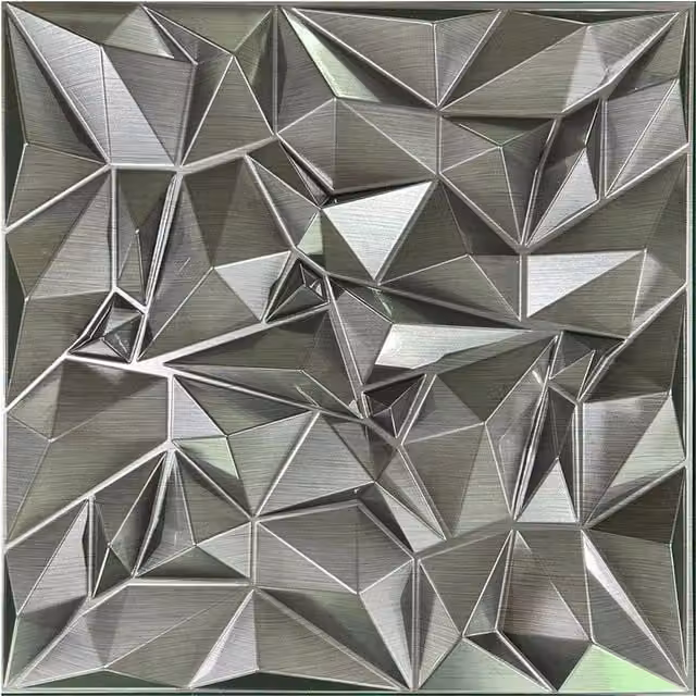 EnerJ Smart 3D PVC Wall Panels with Geometric Faceted Diamond Design in Brushed Silver, Pack of 4, W: 50 x W: 50 x D: 0.1 cm