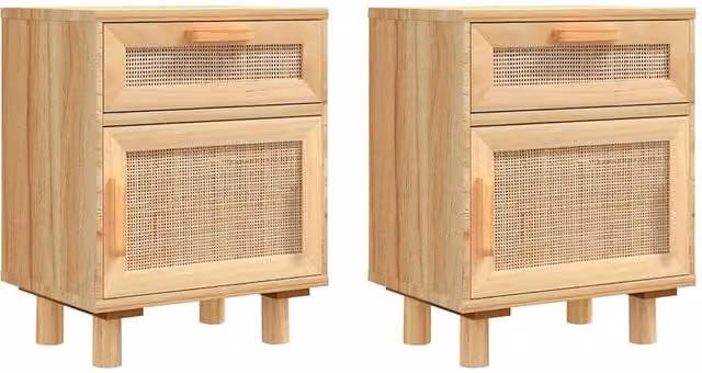 Berkfield Home Set of 2 Bedside Cabinets in Brown Solid Pine and Natural Rattan