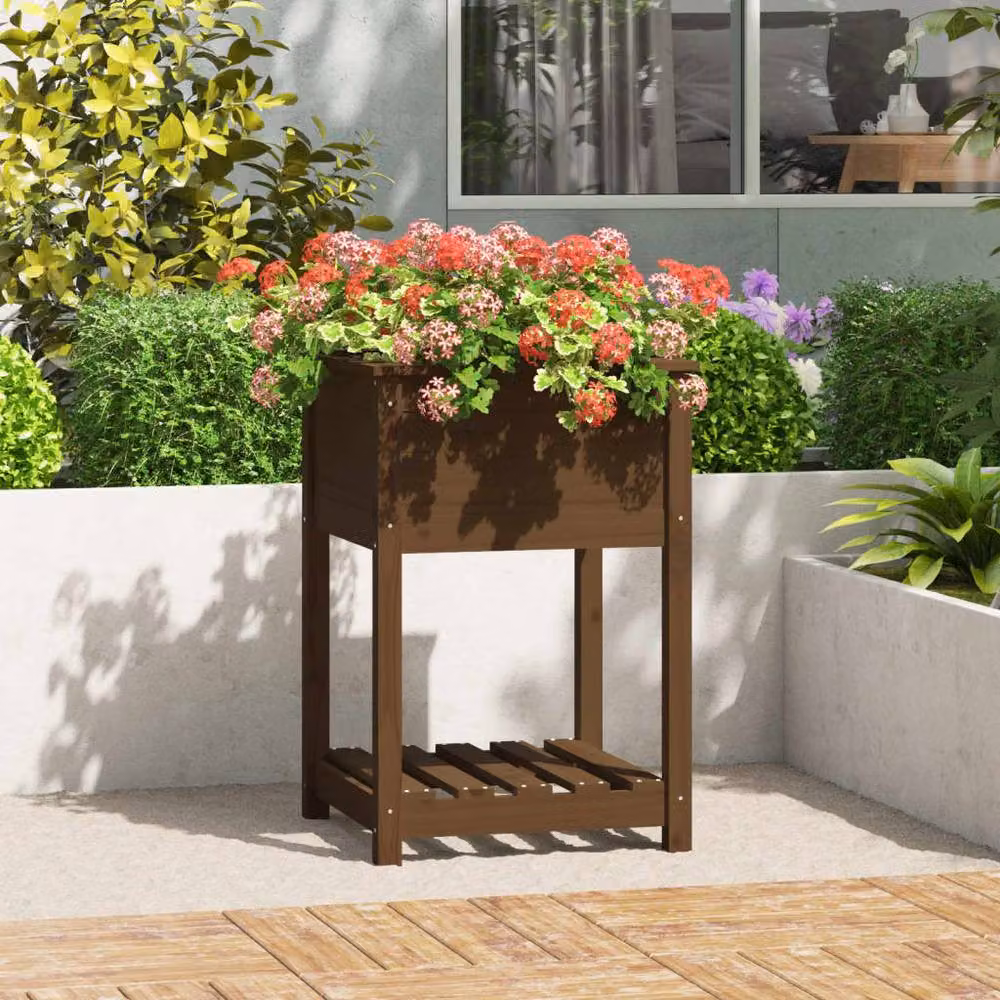 Berkfield Wooden Raised Bed Planter with Shelf in Brown Pine, W/D/H: 54 x 54 x 81 cm – 2