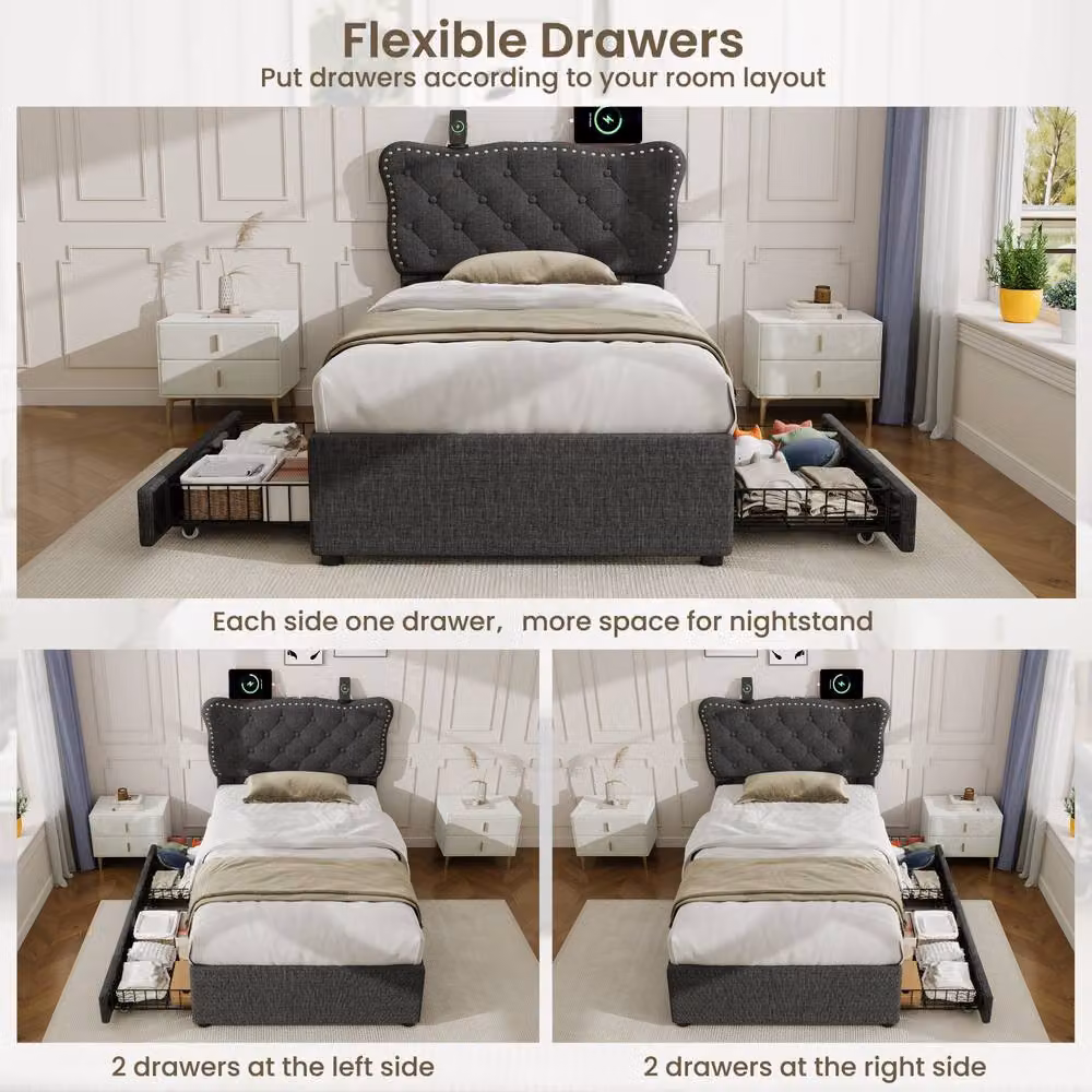 BTM 3ft Single Upholstered Bed Frame with Storage Drawers and USB Charging Port in Dark Grey, W/D/H: 100 x 200 cm – 4