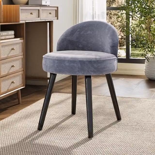 Livingandhome Grey Velvet Upholstered Dressing Table Stool with Rubberwood Legs
