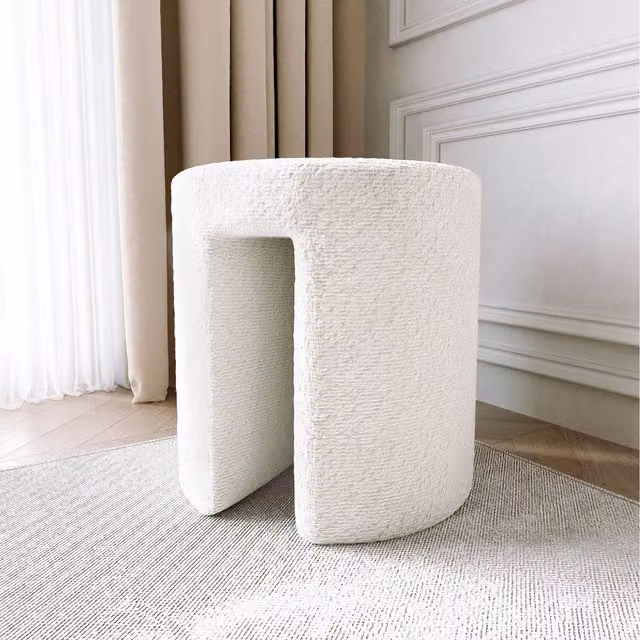 CARME White Boucle Cylindrical Upholstered Stool