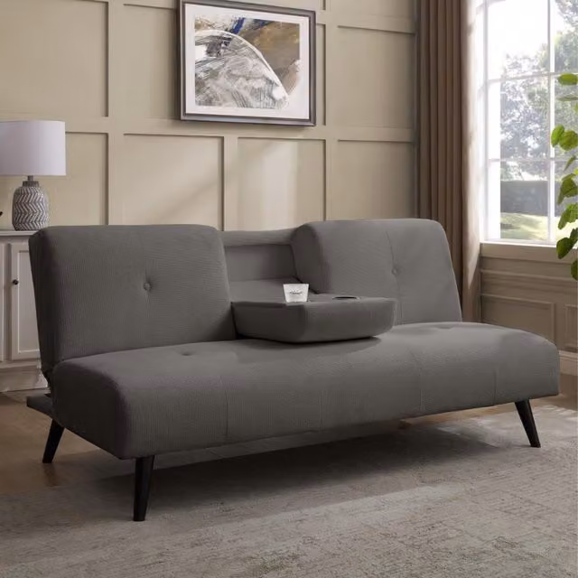 Chicory Click-Clack Sofa Bed with Cupholder Tray in Dark Grey Linen, W/D/H: 182 x 108 cm