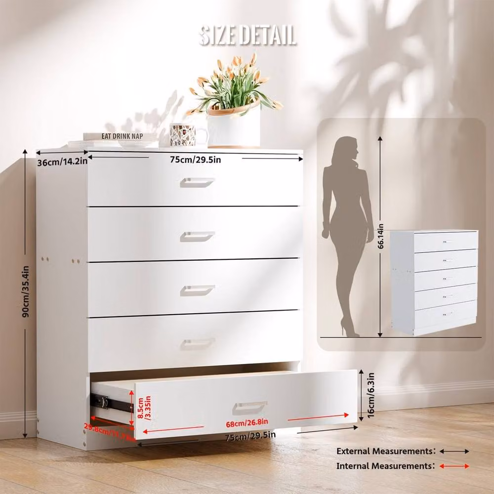 VOGREX 5-Drawer White Chest of Drawers and Bedside Table, W/D/H: 75 x 36 x 90 cm – 2