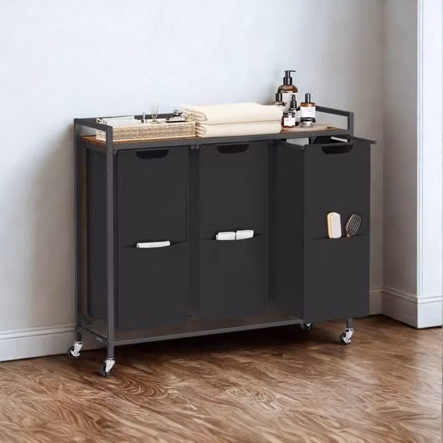 Pirlo Plush Industrial 3 Compartment Laundry Basket with Shelf in Brown and Black