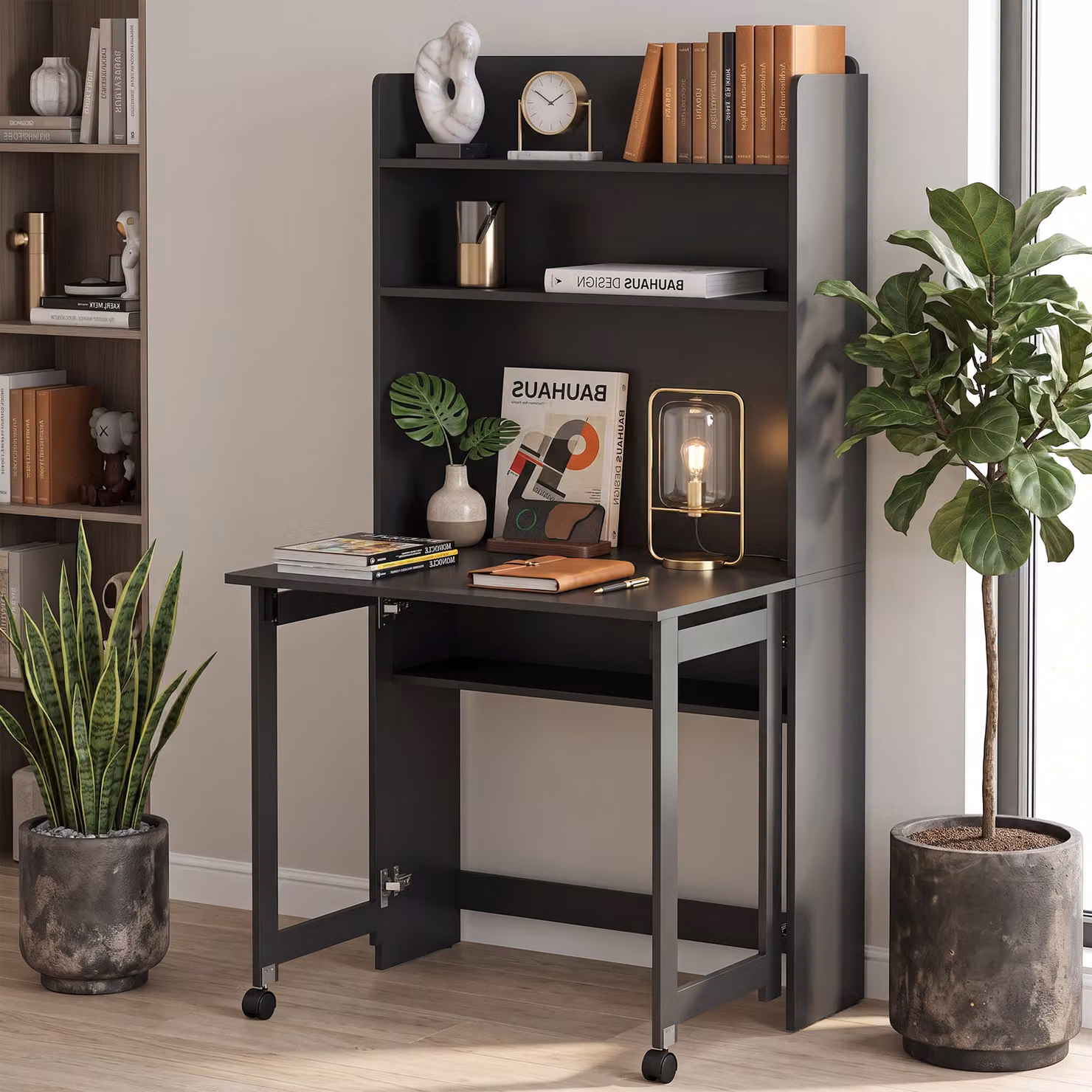 HOMCOM Modern Black Foldable Computer Desk with Storage Shelves, W: 80 cm, D: 69 cm, H: 155 cm – 8