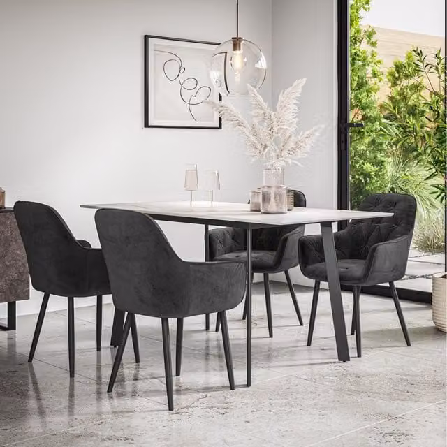 More4Homes Haydon Extending Marble Effect Dining Table Set with 6 Anika Velvet Chairs in Black and White