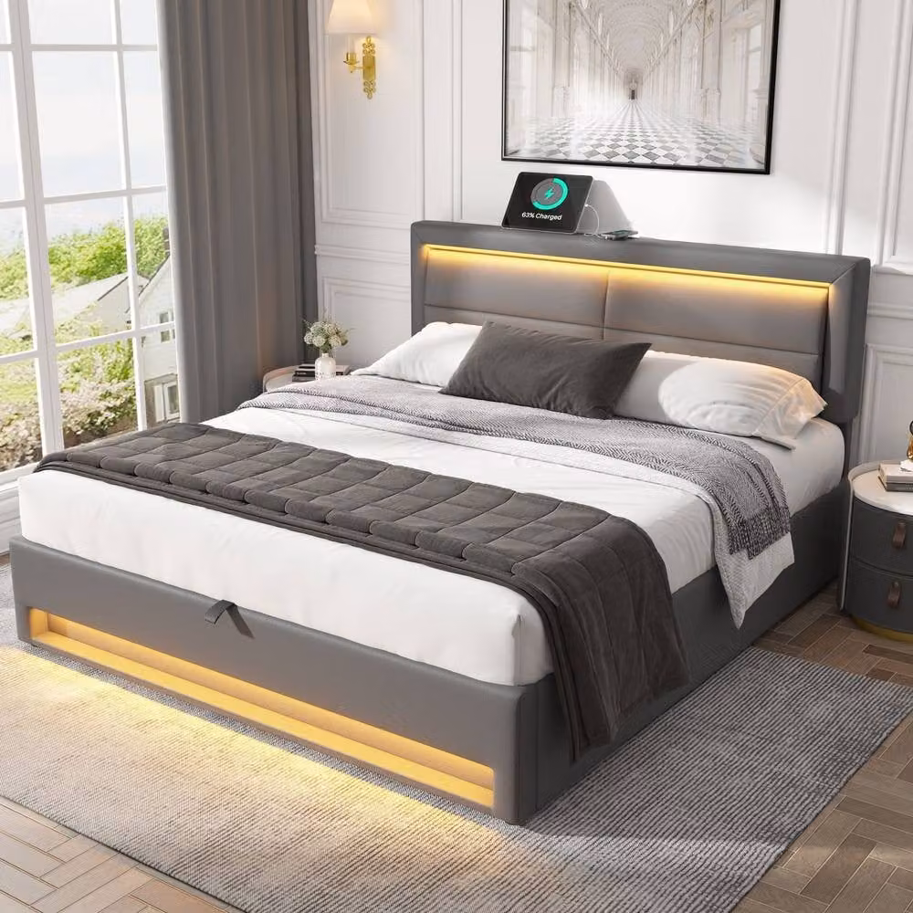 BTM Grey Upholstered Lychee 5ft King Size Bed with USB Charging, LED Lighting and Lift-Up Storage Base – 1