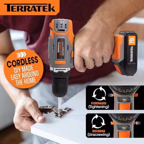 Terratek 18V Cordless Drill Set with 13-Piece Kit and Rechargeable Battery in Orange and Grey – 2