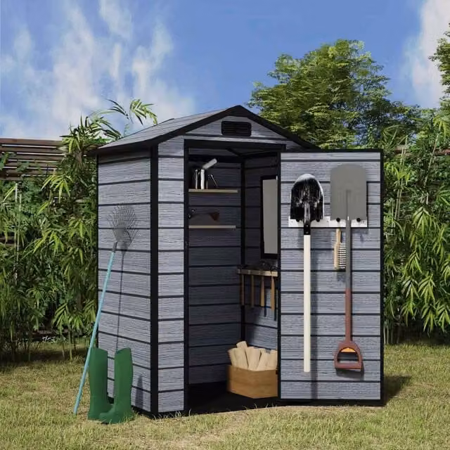BIRCHTREE Grey Plastic Wood Grain Garden Storage Shed with Window W/D/H: 134 x 202 x 103 cm