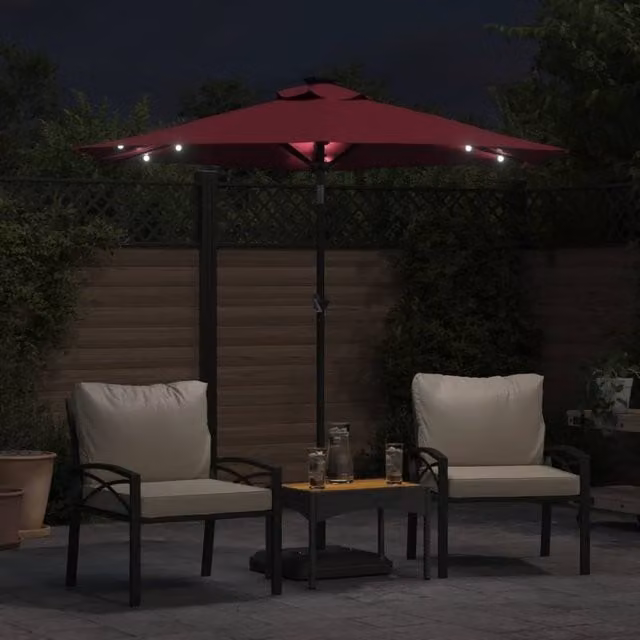 Berkfield Home Garden Parasol with LEDs and Steel Pole, Red, W/D/H: 225 x 225 x 212 cm