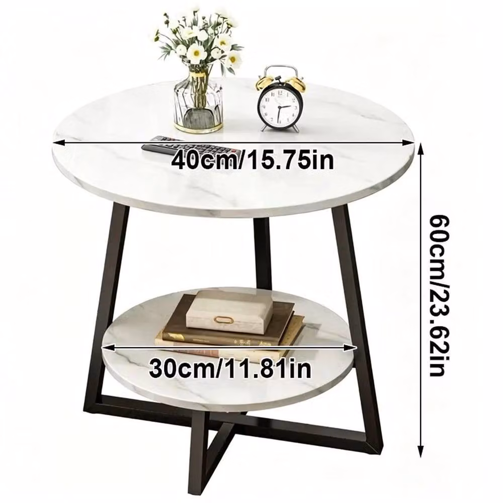 VOGREX Round 2-Tier Marble Sofa Side Table in White – 2