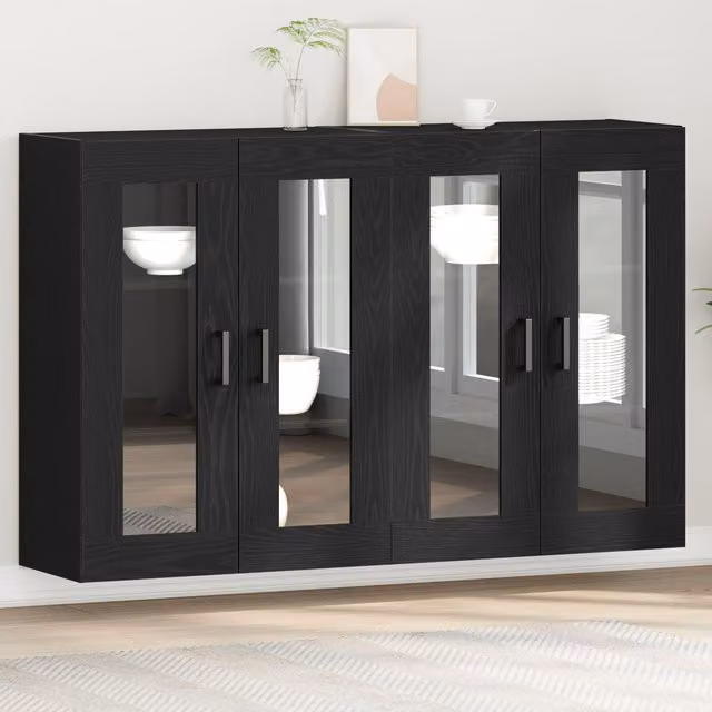 Berkfield Home Set of 2 Wall Mounted Cabinets in Black Oak with Glass Doors, W/D/H: 69.5 x 34 x 90 cm – 1