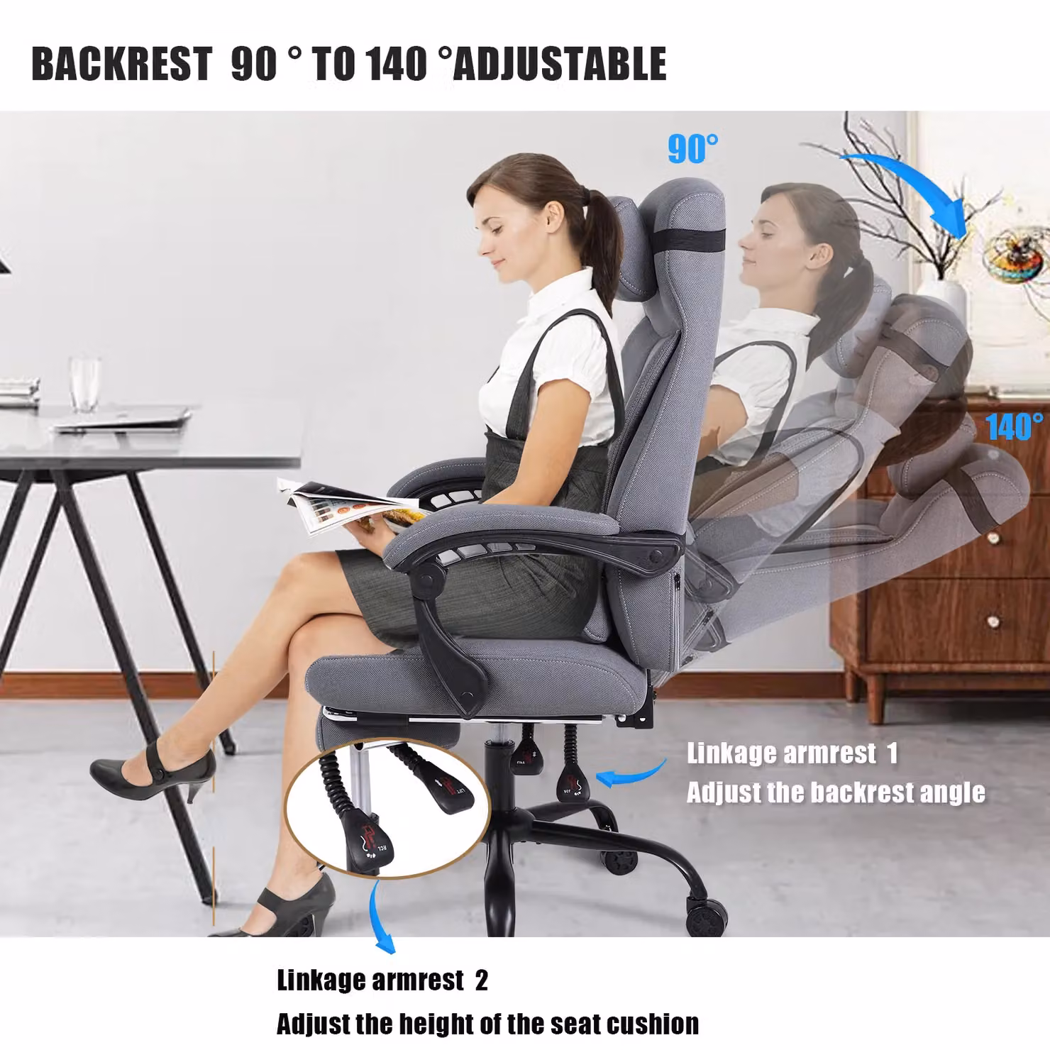 FURNITURE ONE Linen Effect Ergonomic Gaming PC Chair in Light Grey with High Back, Recliner and Swivel Function – 4