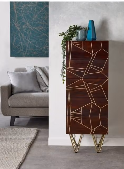 IH Design Behka Dark Mango Wooden Tall Chest of Drawers in Brown and Gold