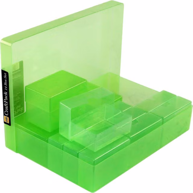 WestonBoxes Multi-Pack of 14 Green and Transparent Solid Plastic Craft Boxes
