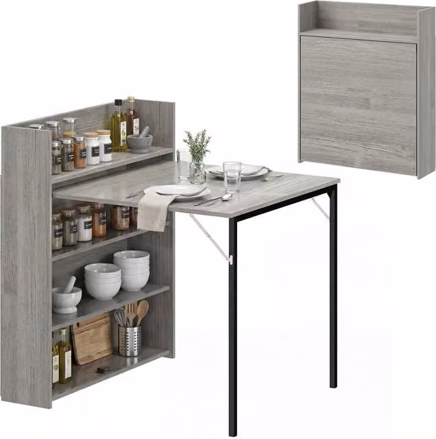 HOMCOM Grey Folding Dining Table with Shelves and Extendable Drop Leaf Top