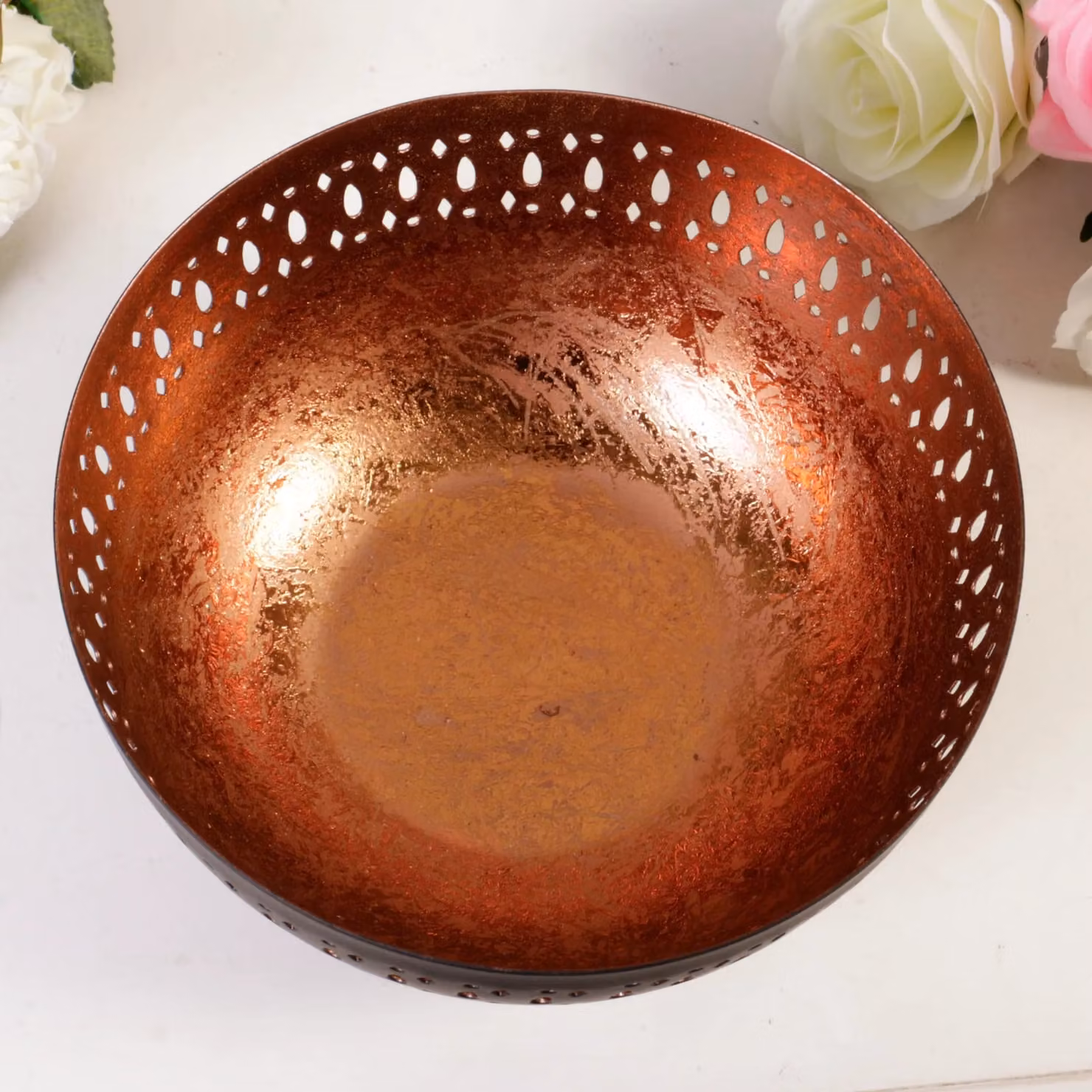 Dibor Decorative Laser Cut Geometric Tea Light Candle Holder Bowl in Black and Bronze Metal – 2