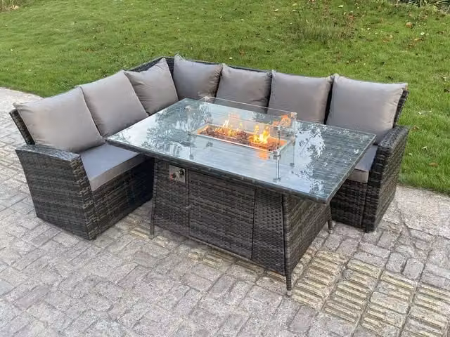 Fimous 6 Seater Outdoor Rattan High Back Sofa Set with Gas Fire Pit Dining Table in Dark Grey