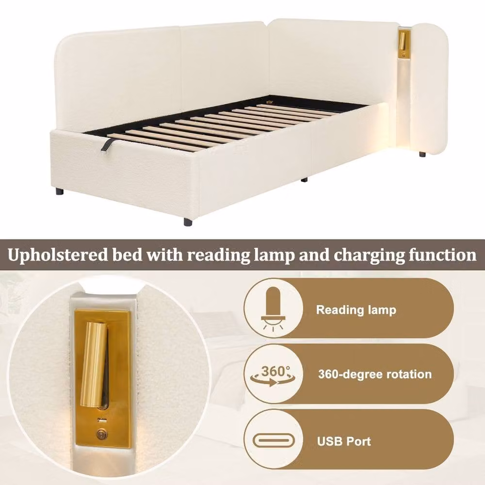 Rolipo Beige Velvet Single Daybed with Hydraulic Storage, USB Charging Port and Integrated Reading Light, W/D/H: 90 x 190 cm – 3