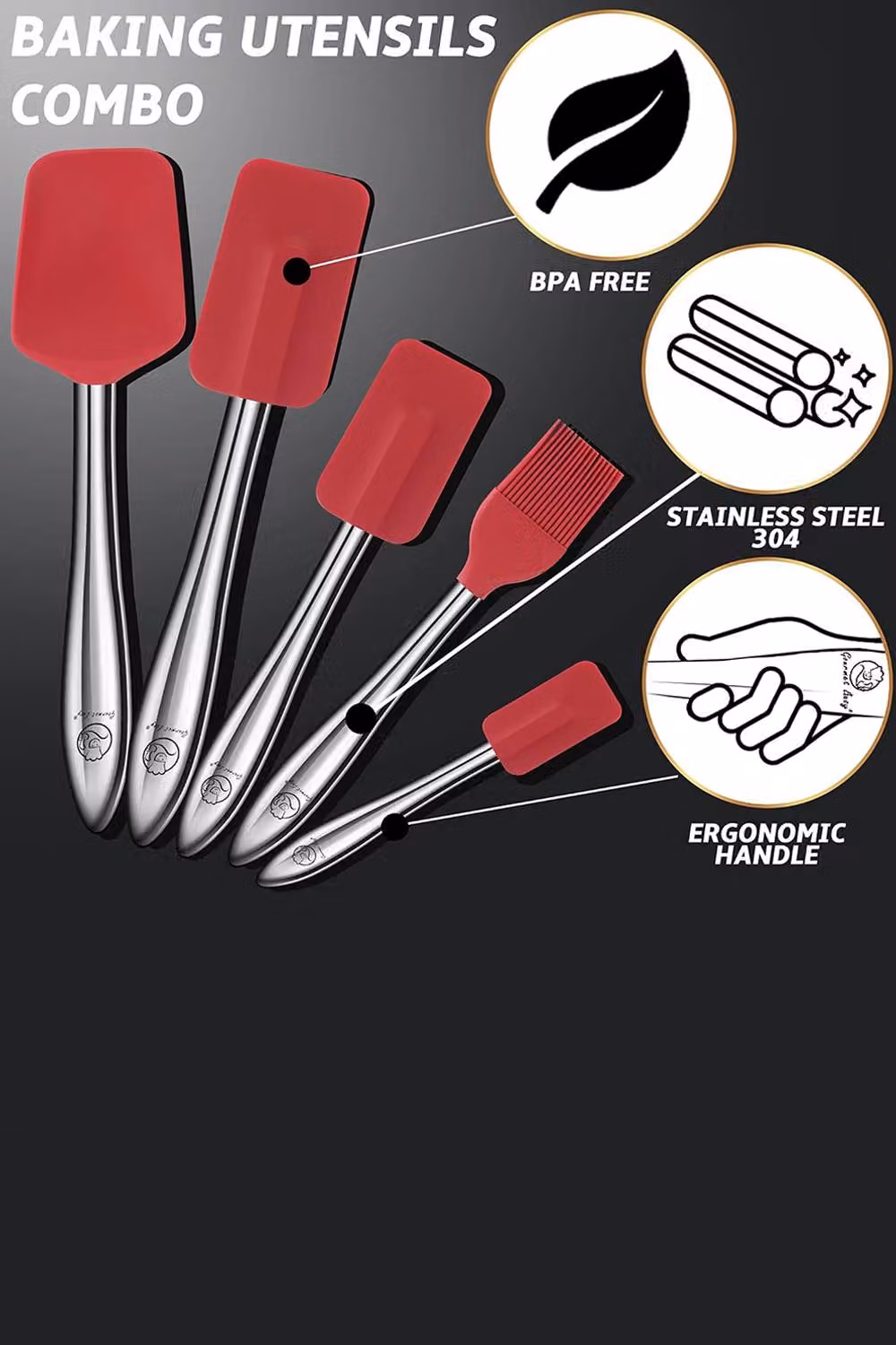 Gourmet Easy 5 Piece Red Silicone Spatula Set with Stainless Steel Handles – 3