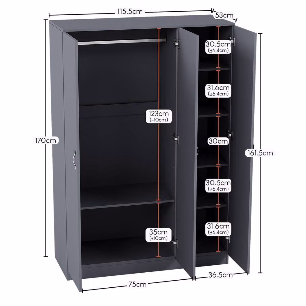 HD Designs Riano 3 Door Wardrobe in Grey with Hanging Rod and Internal Shelves – 3