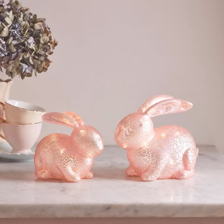 Lights4fun.co.uk Pink Mottled Glass Bunny Easter Tabletop Decorations, Set of 2