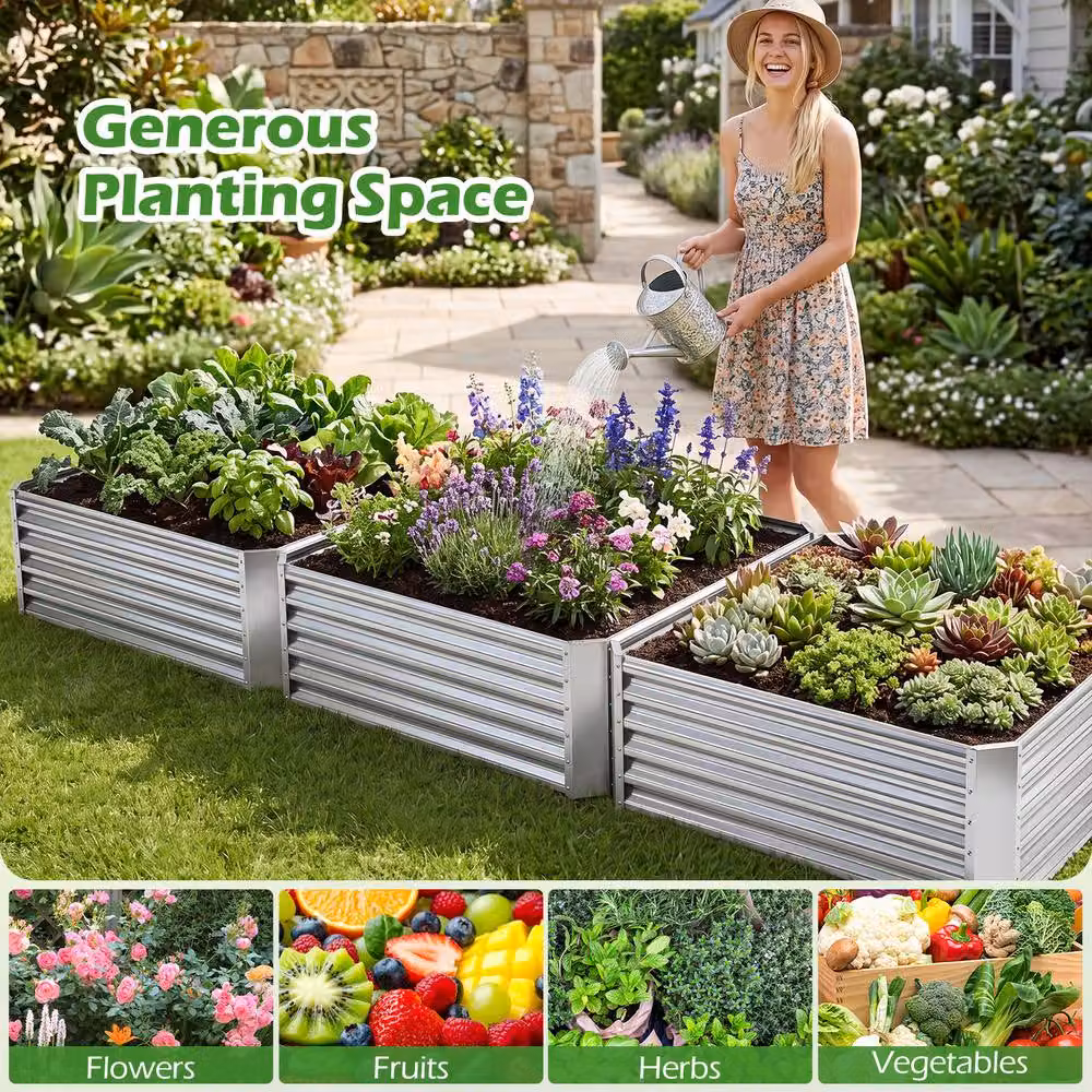 Costway Galvanised Steel Rectangular Raised Garden Bed Planter Box in Silver, W/D/H: 124 x 44.5 x 124 cm – 7