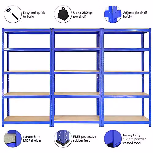 Monstershop T-Rax Pack of 3 Heavy Duty Steel Garage Shelving Units, Blue, H x W x D: 182.5 x 90 x 45 cm – 3