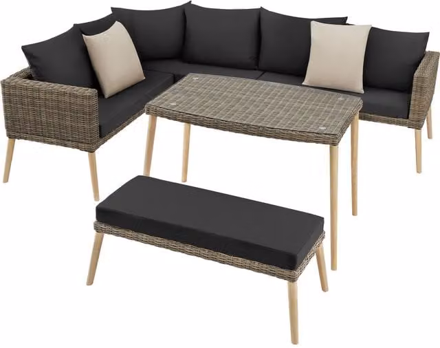 tectake Pula Rattan Lounge Set with Powder Coated Aluminium Frame and Upholstered Cushions in Sand, 4 Person – 1