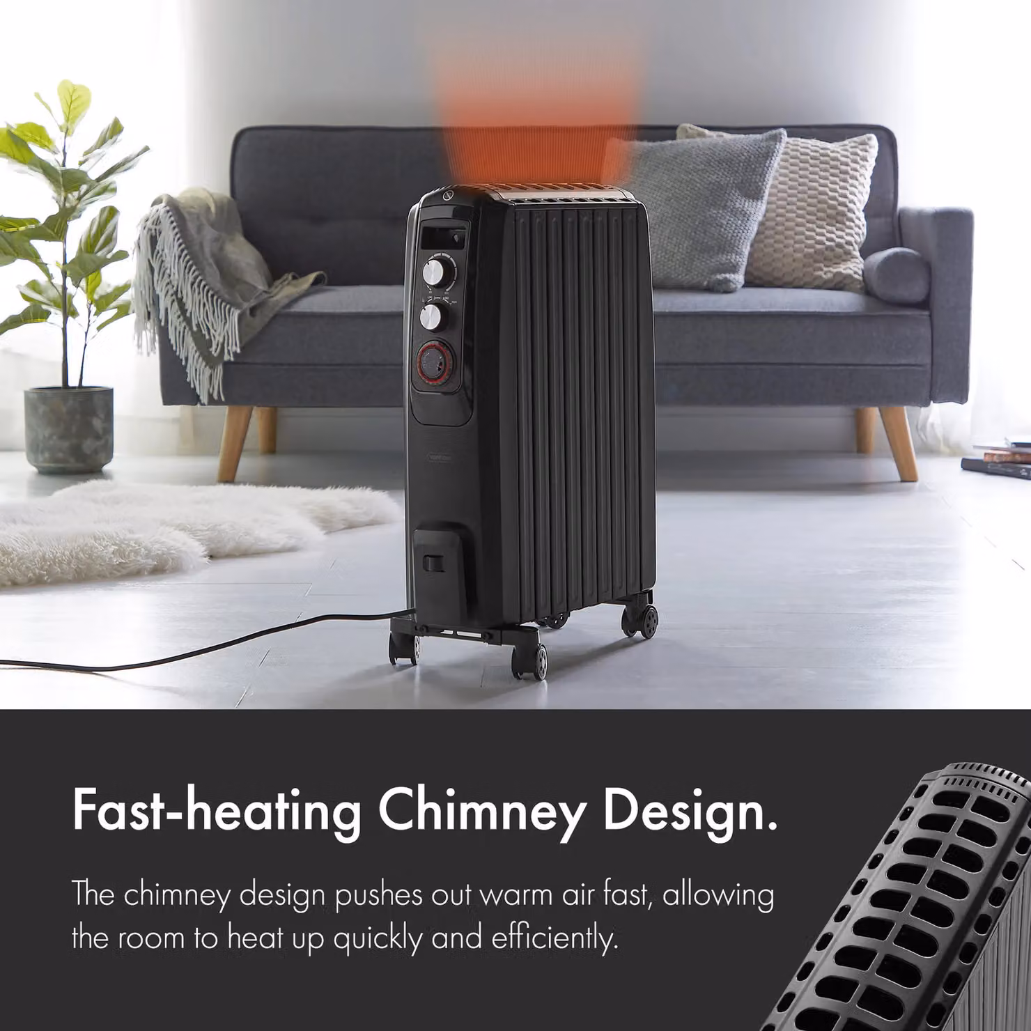 VonHaus 2000W Closed Fin Oil Filled Freestanding Radiator in Black – 2