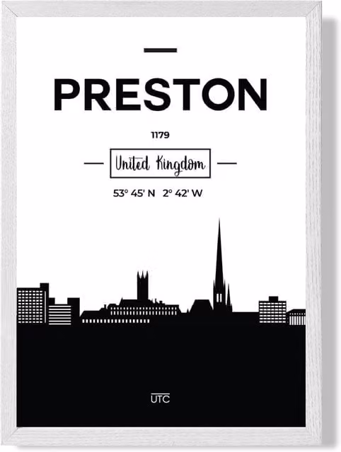 ARTZE Preston Black and White City Skyline Framed Paper Poster Print with White Frame, A3