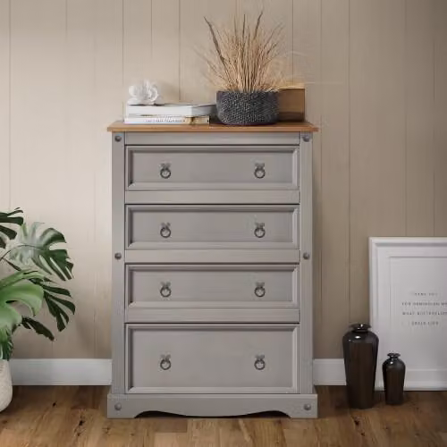 Mercers Furniture Corona 4 Drawer Chest in Grey Waxed Solid Pine, H 113 cm x W 82 cm x D 40 cm