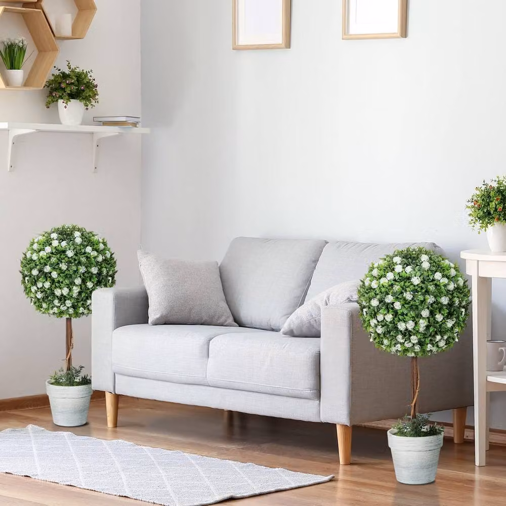 Wyld Haus Rahafi Set of 2 White Artificial Rose Topiary Ball Trees in Pots, H 60 cm x W 27 cm x D 27 cm – 6