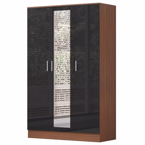 Reflect 3 Door Mirrored Wardrobe in Black Gloss and Walnut, H 180 x W 113 x D 47 cm – 2