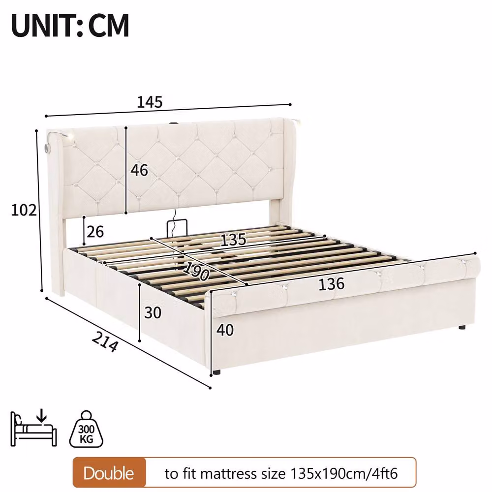 BTM Grey Velvet Ottoman Storage Bed with USB Charging Port and Integrated Reading Light, W/D/H: 140 x 200 x 145 cm – 4
