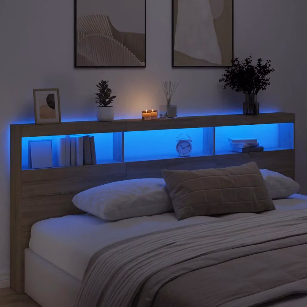 Berkfield Home Modern Headboard Cabinet with LED in Sonoma Oak Brown, W/D/H: 220 x 17 x 102 cm – 3