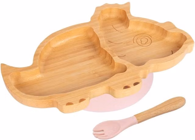 Tiny Dining Bamboo Dinosaur Baby Weaning Plate and Fork Set in Pastel Pink