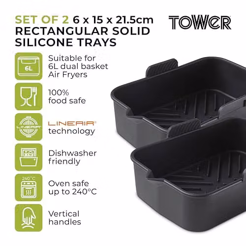 Tower T843093 Set of 2 Rectangular Silicone Air Fryer Trays, Black, Suitable for 6 Litre and Dual Basket Air Fryers – 2