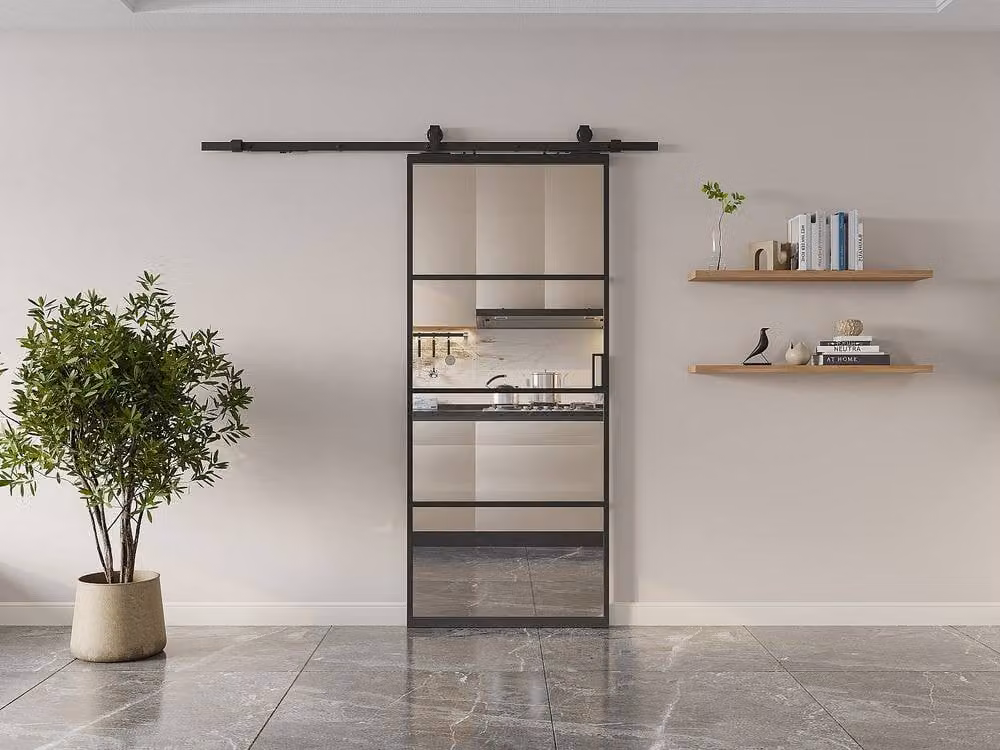 Vente-unique Industrial Sliding Pocket Door System in Black Aluminium and Transparent Glass, H: 205.0 cm x W: 63.0 cm – 2